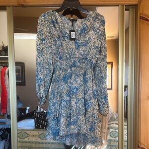 Maje Blue and Cream Floral Long Sleeve Dress